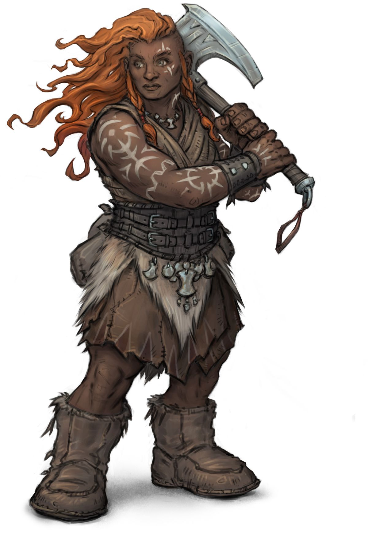 Una nana femmina ricoperta di tatuaggi che indossa pellicce, i suoi capelli rossi fluenti e un'ascia sulla spalla.