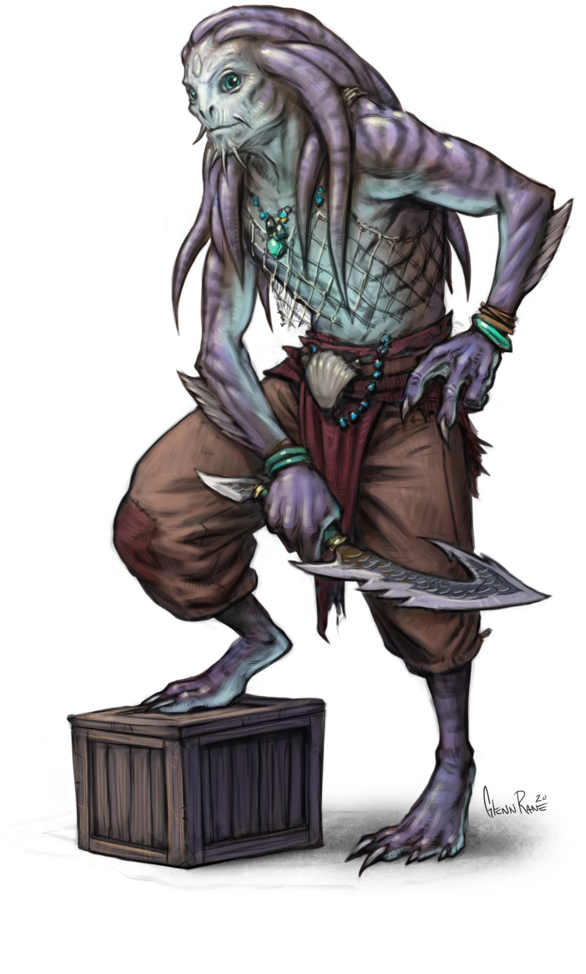 Un uomo squamoso con tentacoli per i capelli sta in piedi in pantaloni da paracadute malconci su una cassa.