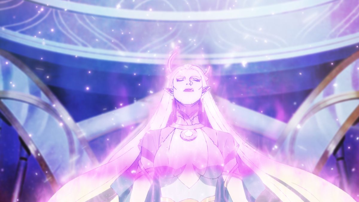 Una donna dai capelli bianchi circondata da una luce viola brillante in DOTA: Dragon's Blood