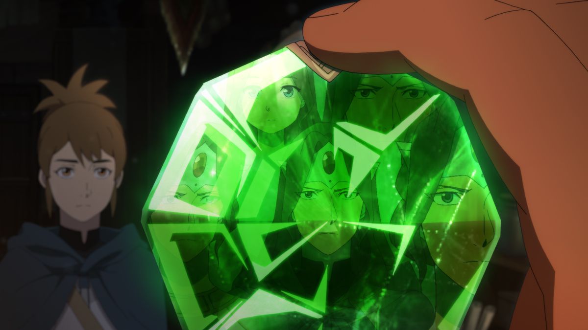 Un volto riflesso in un'enorme gemma verde sfaccettata in DOTA: Dragon's Blood