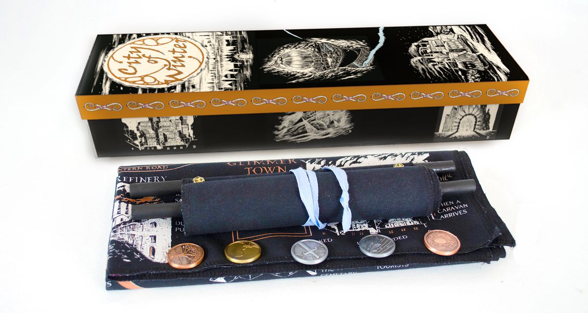 The full packaged City of Winter set, with map, scroll, box, and player tokens