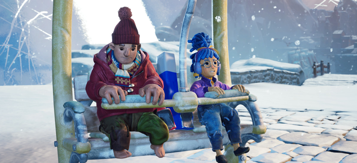 Una coppia tormentata si siede a disagio in una cabinovia in It Takes Two.