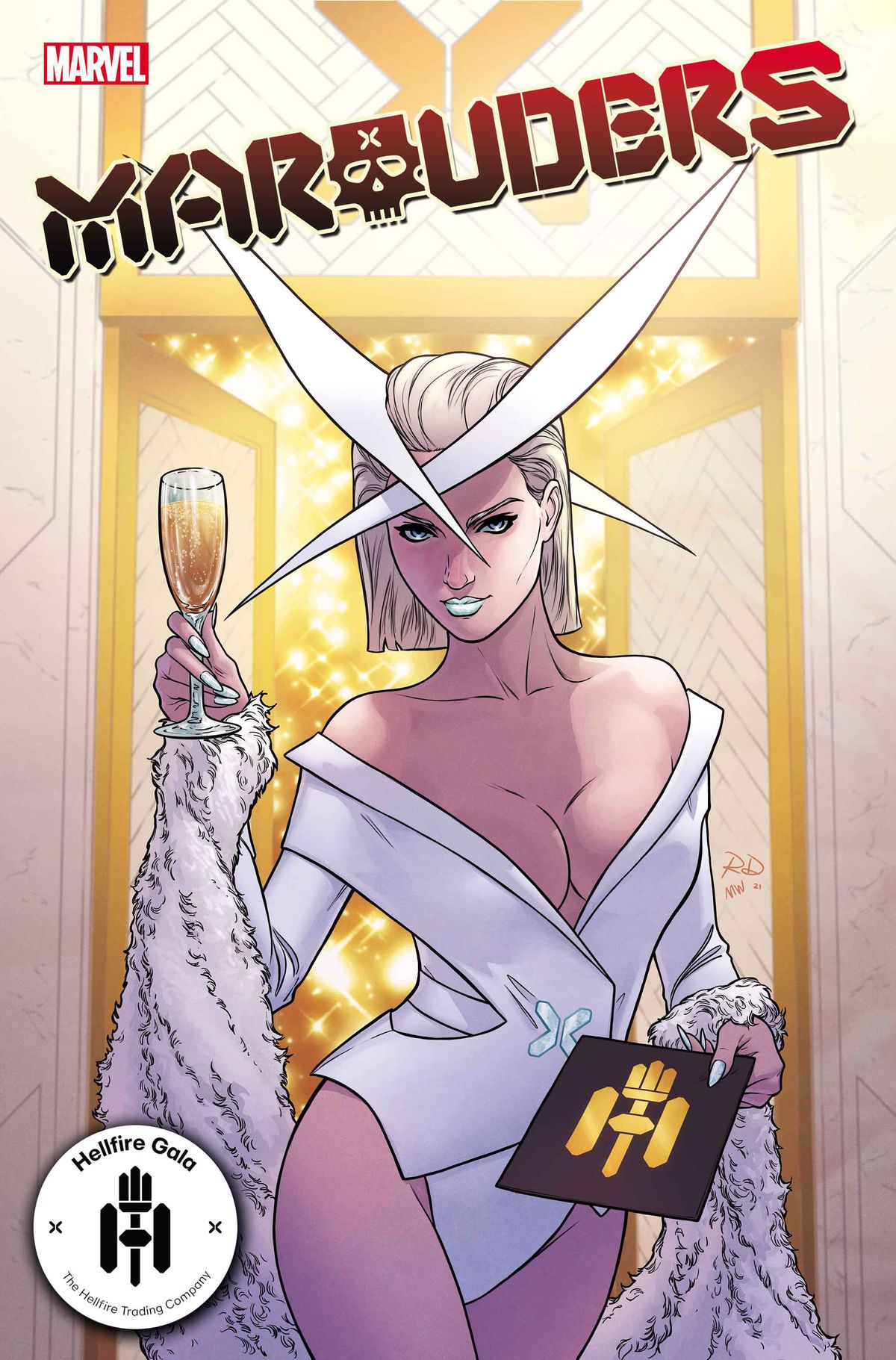Emma Frost estende un invito al Gala Hellfire con un bicchiere di champagne sulla copertina di Marauders # 21, Marvel Comics (2021)