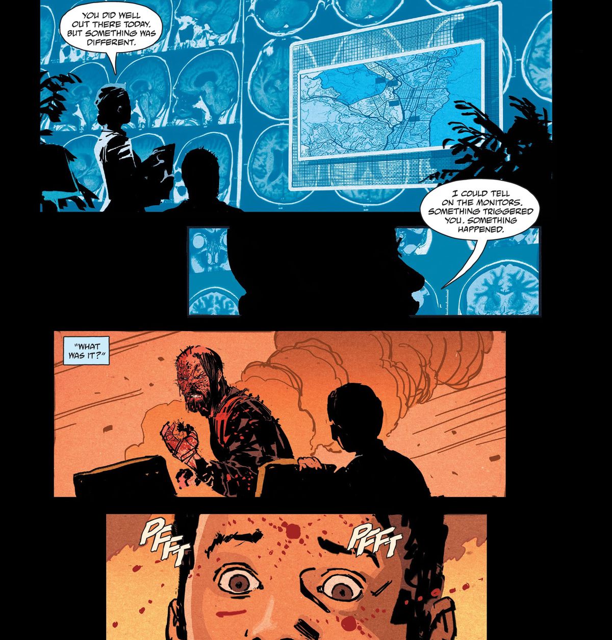 Il terapeuta dell'immancabile protagonista di BRZRKR gli chiede cosa abbia causato il picco dei suoi segni vitali quel giorno, mentre ricorda di aver visto l'omicidio di un bambino spaventato, in BRZRKR # 1, Boom Studios (2021).