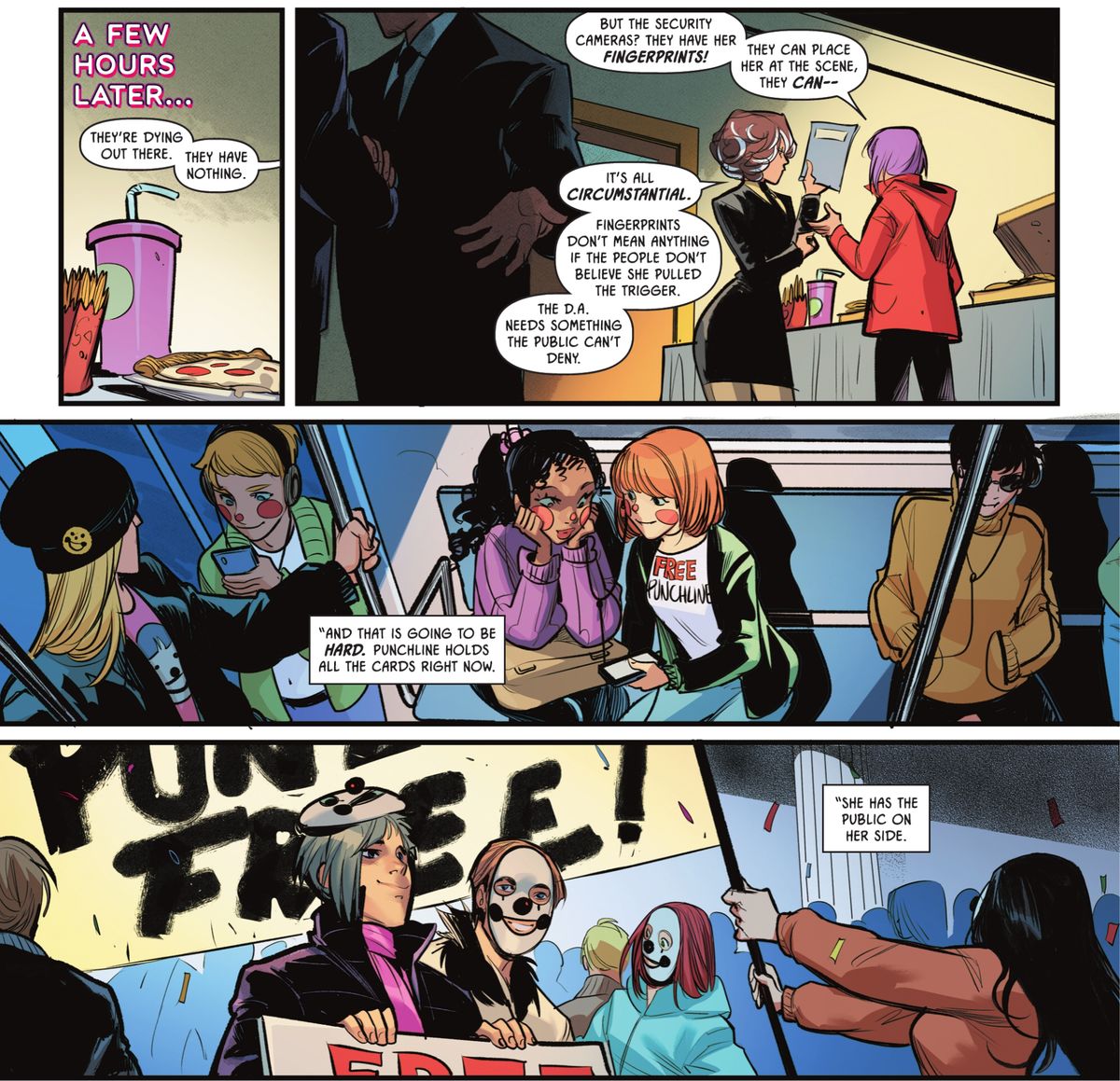 Leslie Tompkins e Harper Row discutono del caso giudiziario di Punchline. L'accusa si sta dibattendo e