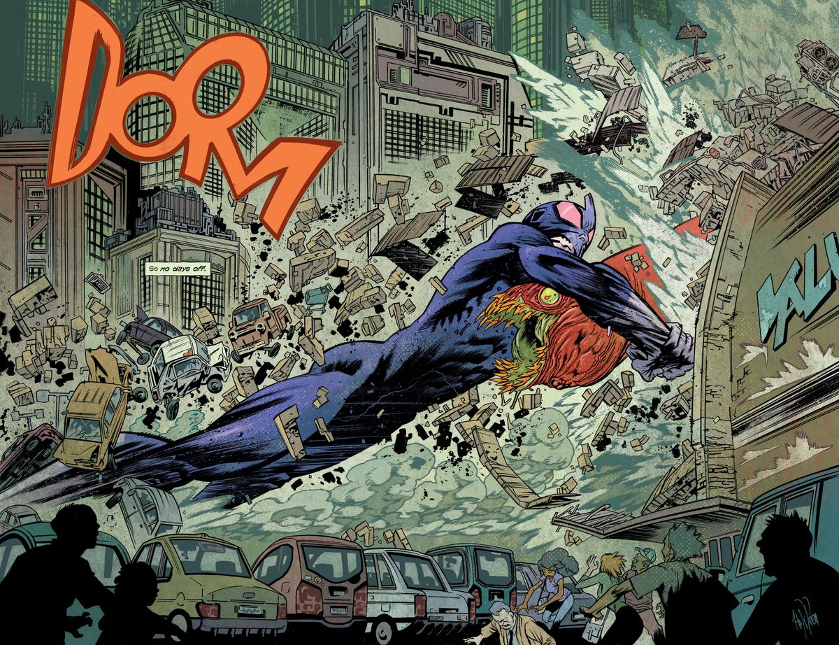 Con un titanico DOOM, un enorme eroe tokusatsu mette un kaiju simile a un serpente in una presa alla testa, distruggendo un negozio di alimentari nel processo, in Ultramega # 1, Skybound Comics (2021).