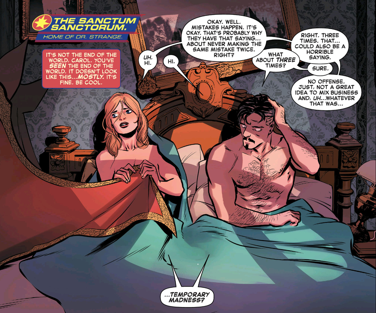 Captain Marvel e Doctor Strange si svegliano uno accanto all'altro nel suo letto. Si copre con il suo mantello. Entrambi concordano sul fatto che questa era una follia temporanea, in Captain Marvel # 27, Marvel Comics (2021).