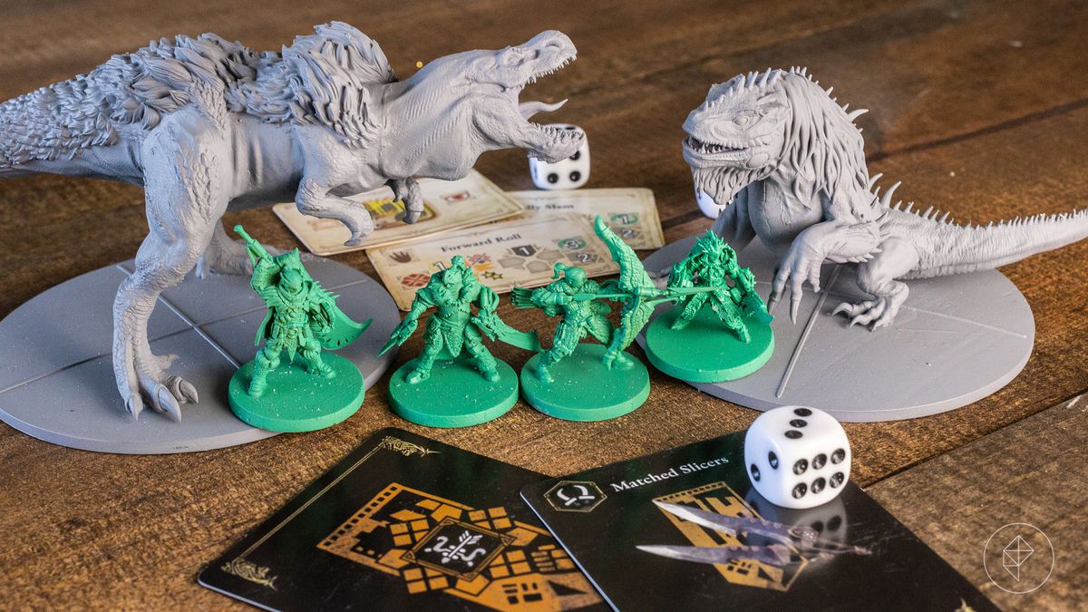 Una foto di gruppo di Jagrath, Anjanath e quattro cacciatori.