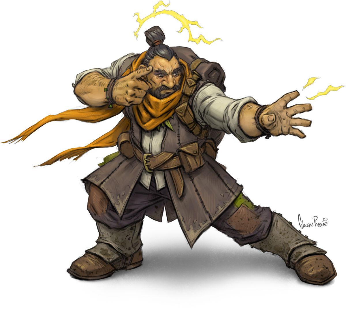 Un nano allunga le mani, l'energia che si inarca dalla testa fino alle mani. Un dito si trova sulla sua tempia destra.