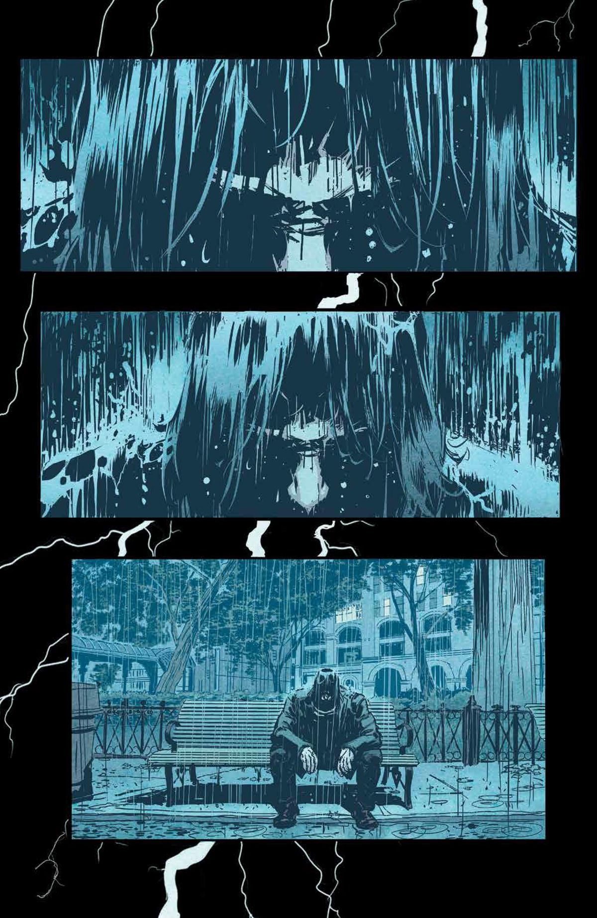 Triste Keanu su una panchina sotto la pioggia.