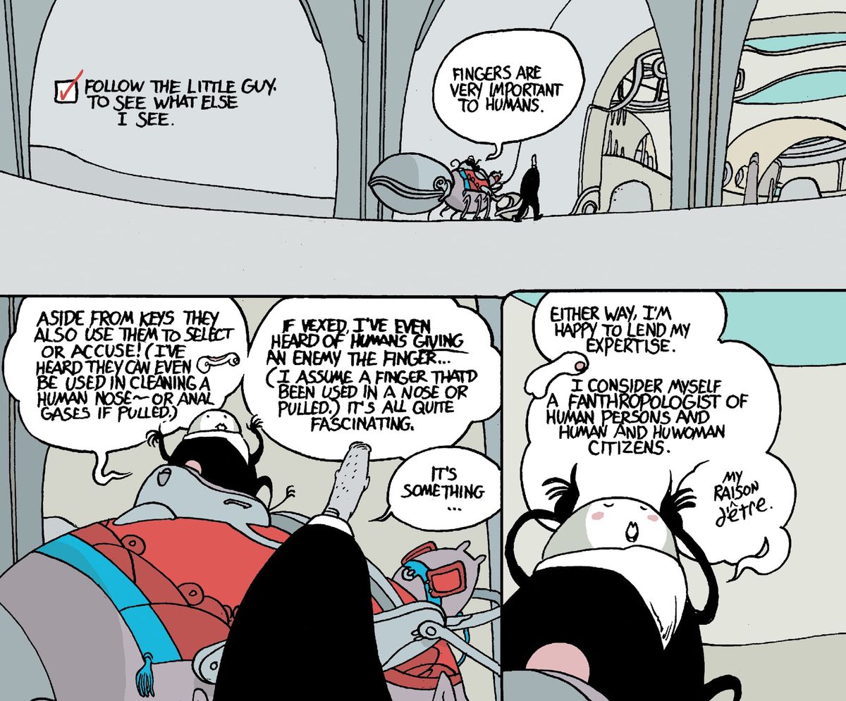 Un piccolo alieno rotondo con mani piumate che cavalca una cavalcatura insettoide spiega a un uomo alieno con una coda che sporge dal suo vestito che