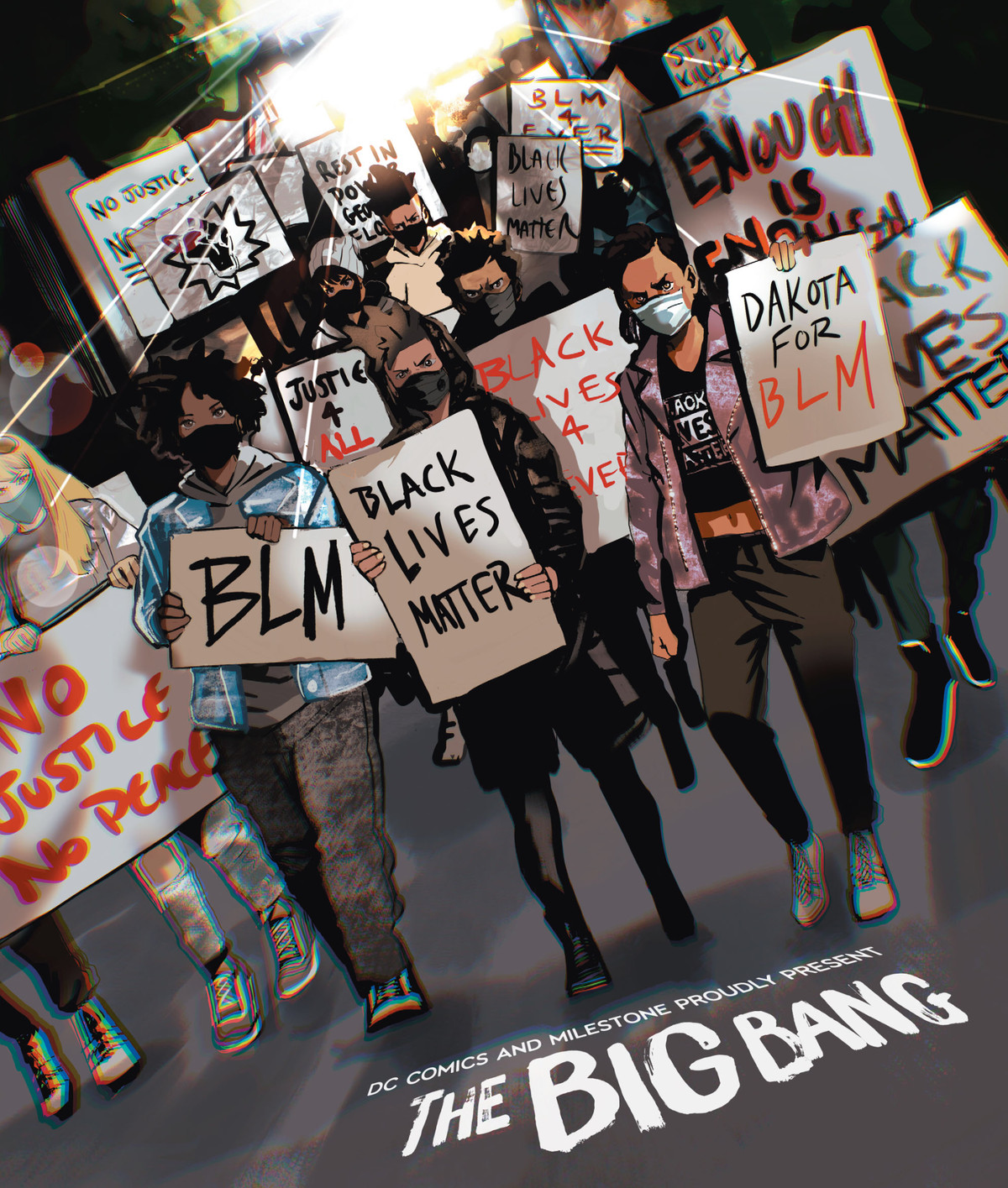 Gli adolescenti marciano per le strade indossando maschere e portando cartelli che dicono Black Lives Matter, Dakota per BLM, Enough is Enough, Rest in Power George Floyd e Not Justice No Peace in Milestone Returns # 0, DC Comics (2021).
