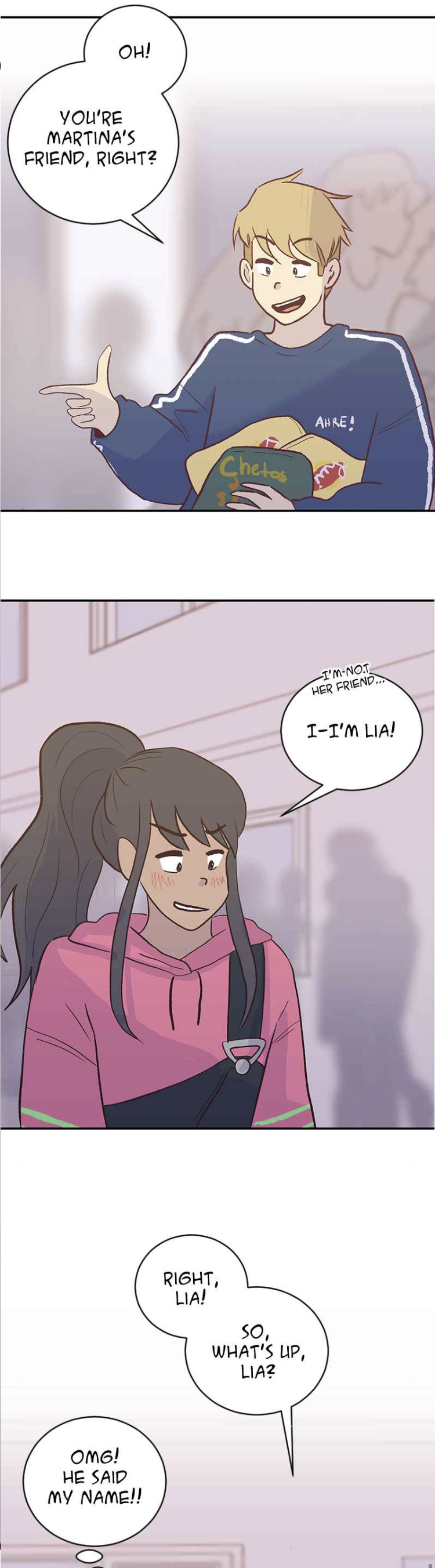 Due adolescenti condividono goffamente i loro nomi ne I quattro di loro, tre pannelli disposti su un rotolo verticale.