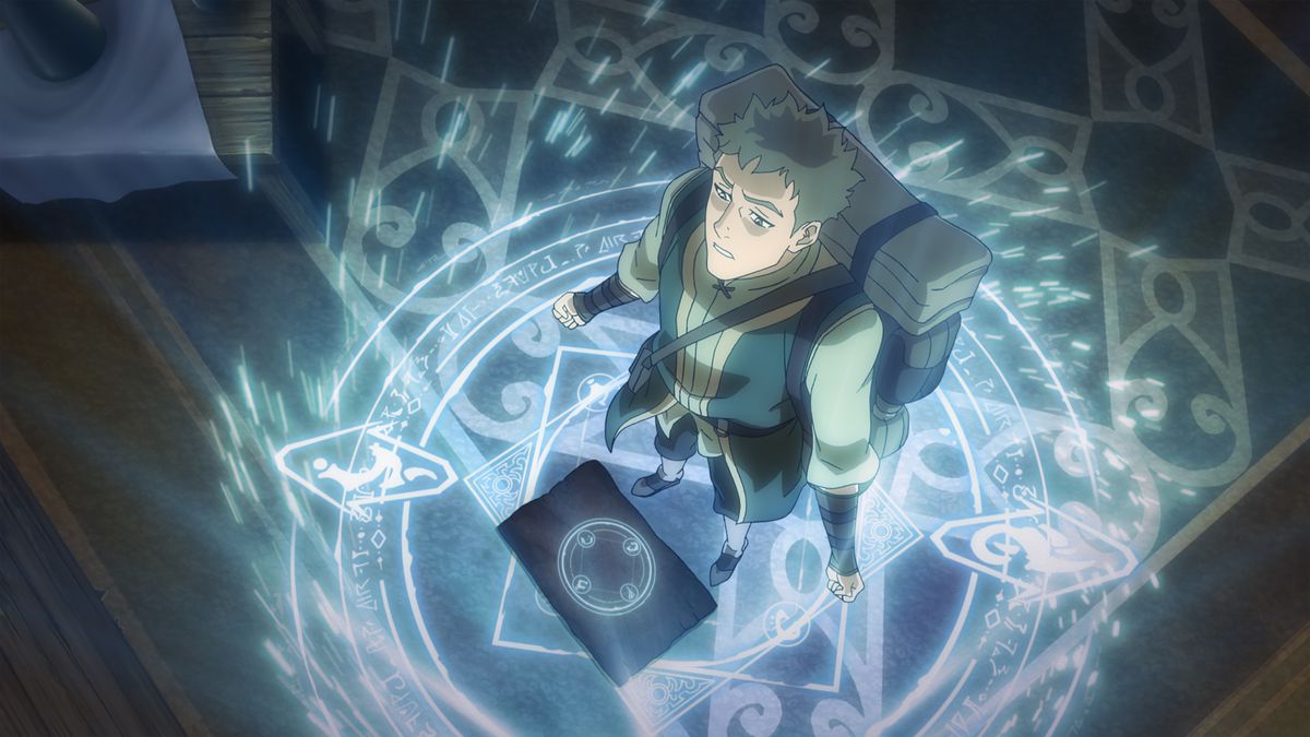 Un uomo in uno zaino si trova su un sigillo blu luminoso e vorticoso in DOTA: Dragon's Blood