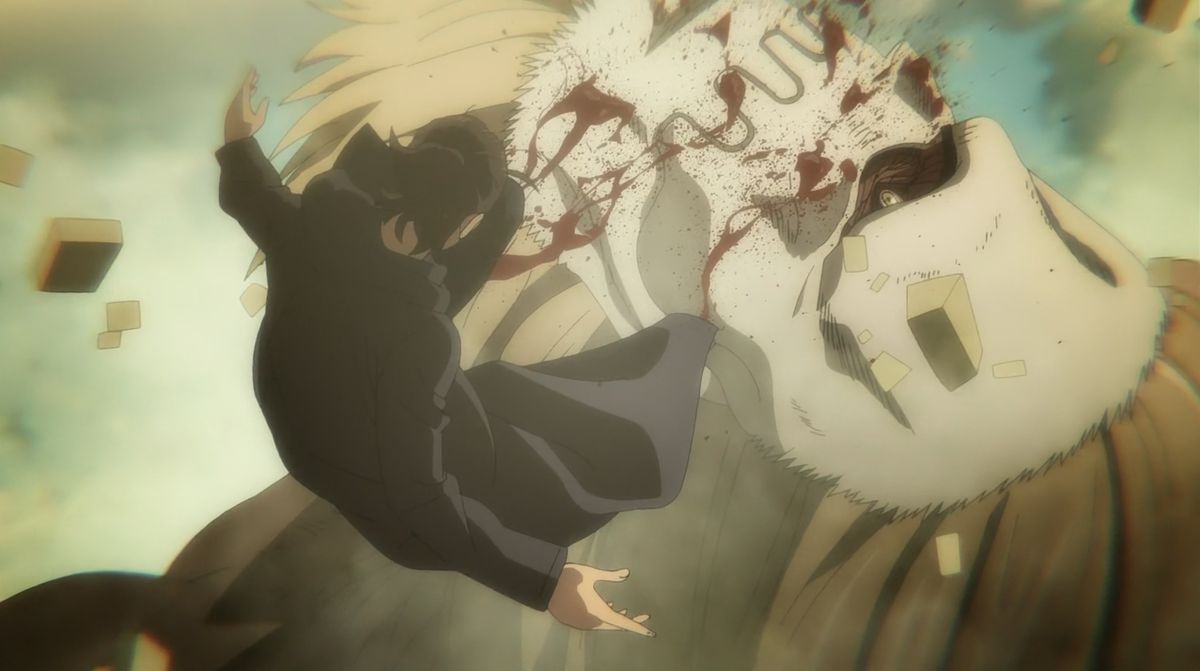 Attack on Titan stagione 4 episodio 16: un ragazzo prende a calci un titano