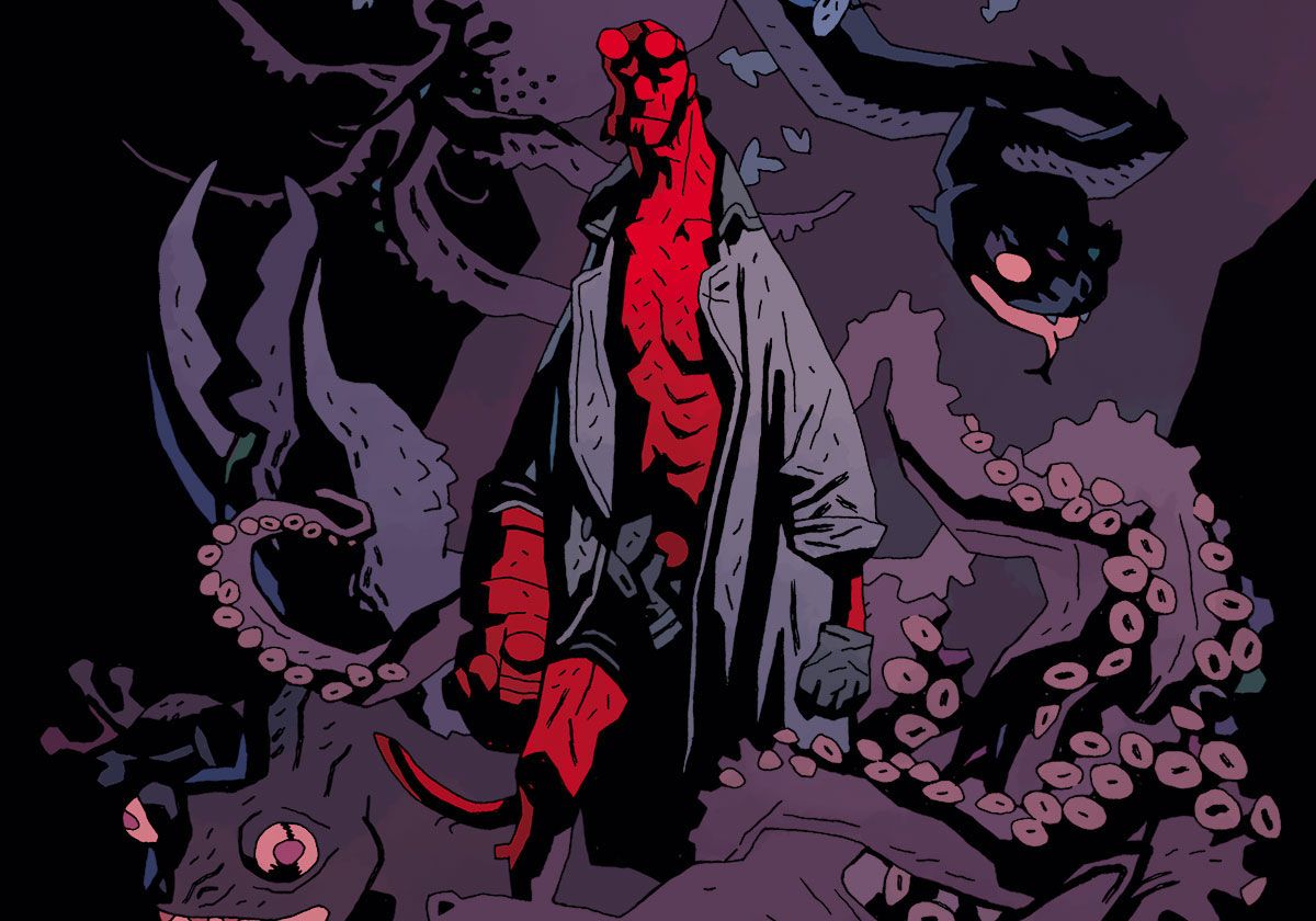 Hellboy circondato da mostri in una stampa di Mike Mignola