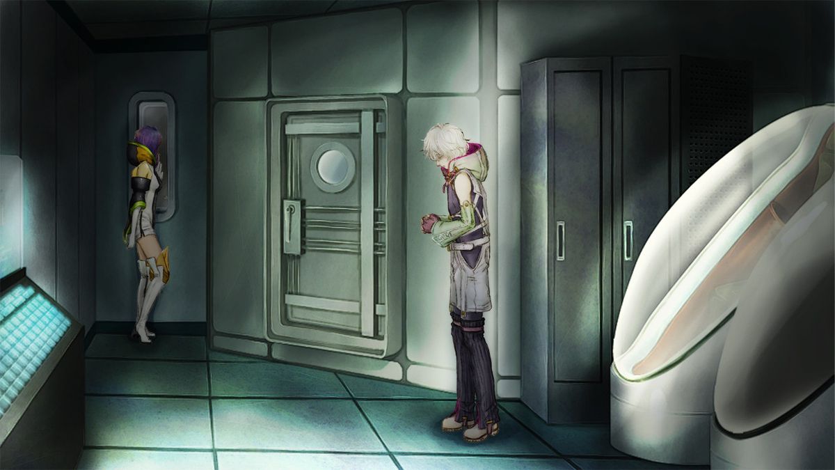 Due personaggi stanno in un corridoio buio a Gnosia