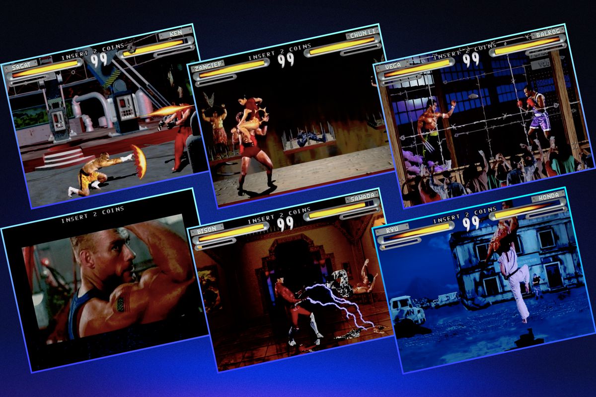 Grid of six different screens from the Street Fighter movie video game