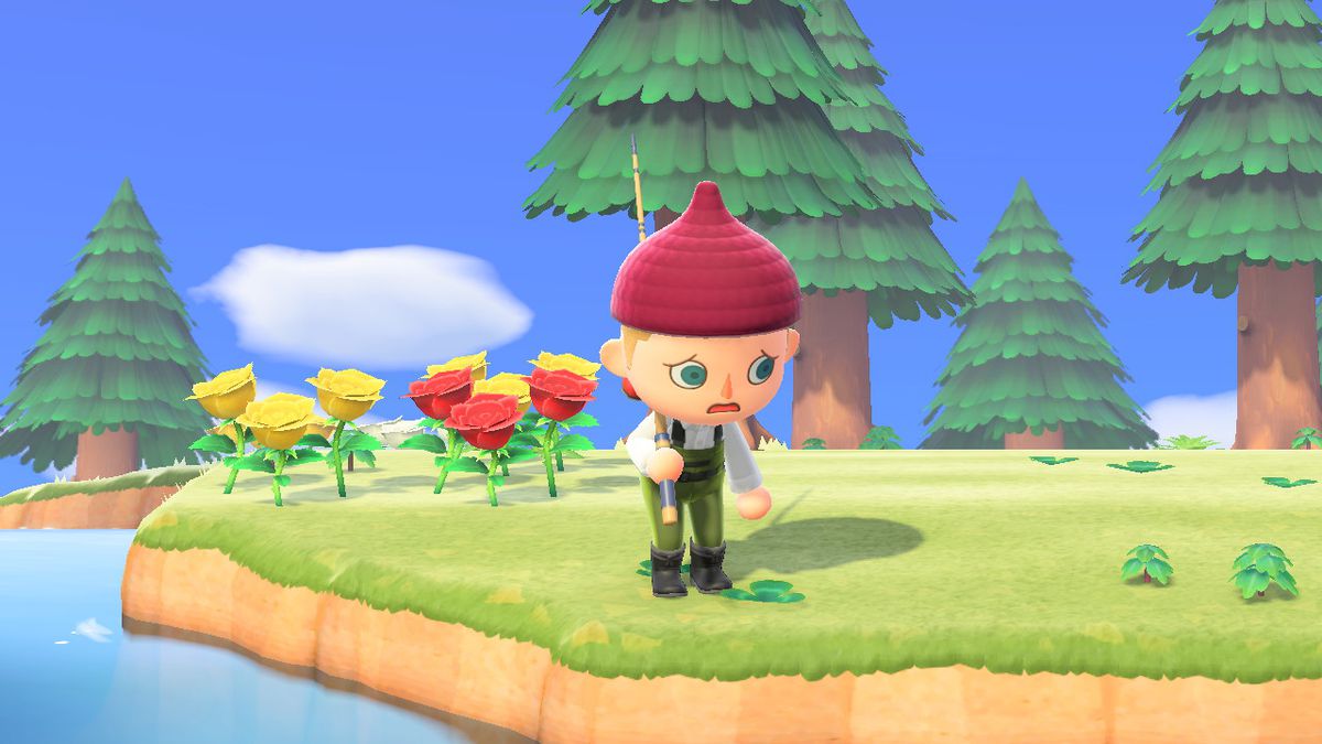 A villager wearing fishing waders appears sad while holding a fishing rod in a screenshot from Animal Crossing: New Horizons.