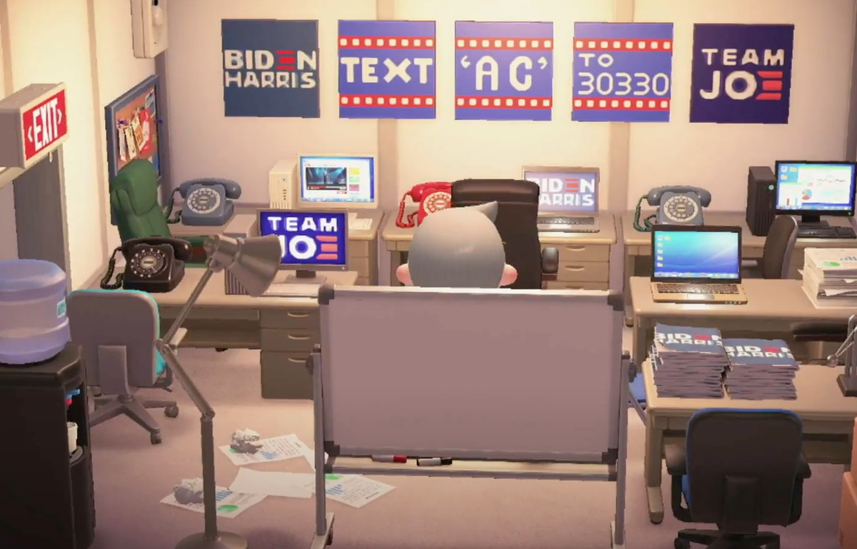 screenshot from inside the Biden-Harris 2020 campaign headquarters in Animal Crossing: New Horizons