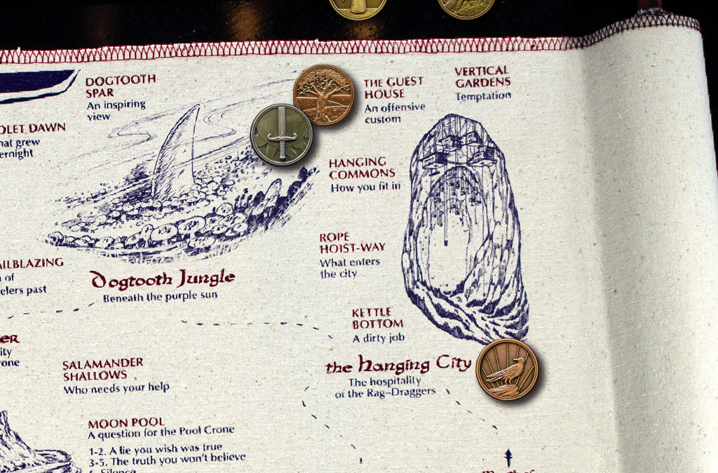 A closeup of the Fall of Magic scroll, showing locations like the Hanging Commons and the Dogtooth Jungle