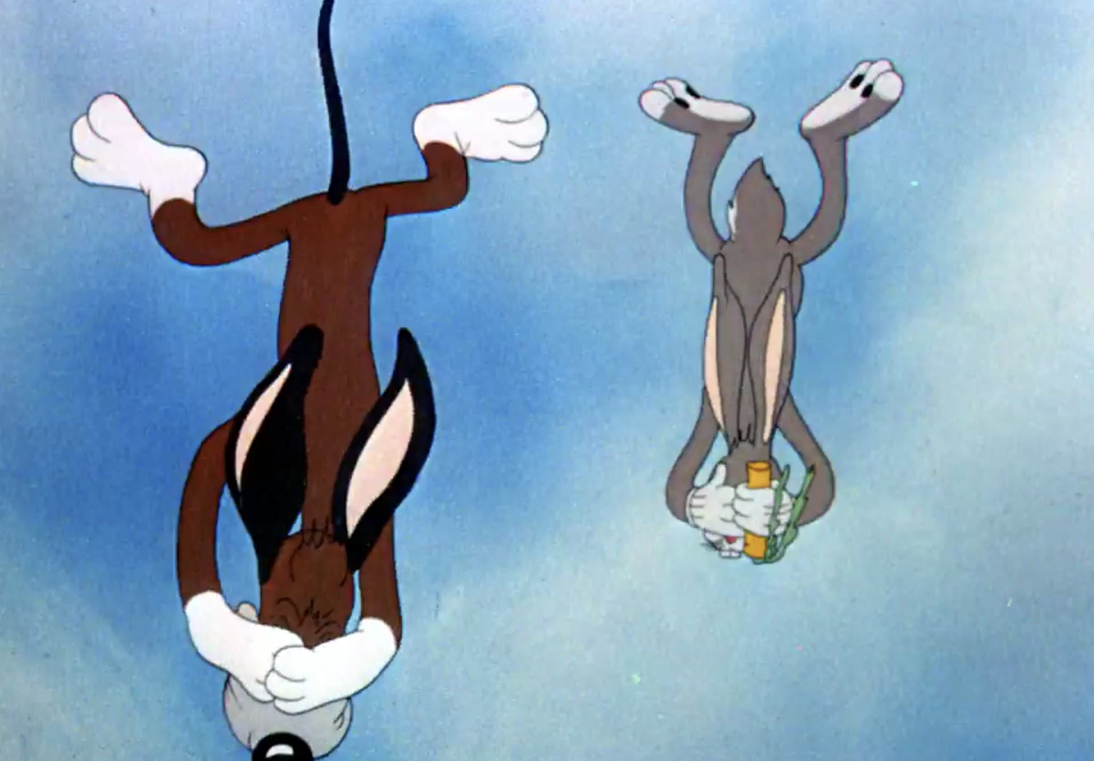 Bugs e il suo cane nemico si coprono gli occhi mentre cadono da una scogliera