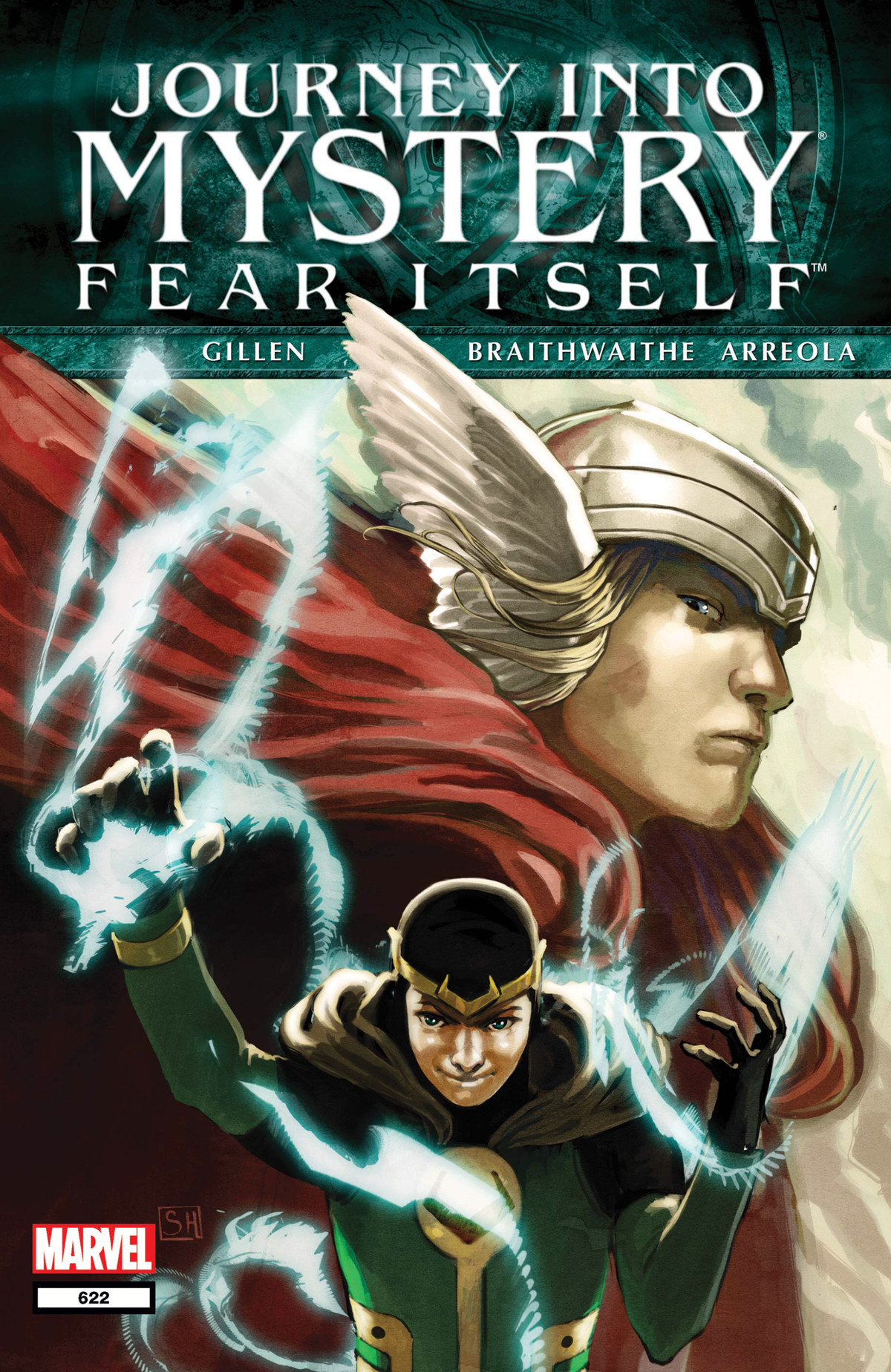 Un giovane Loki lavora con forme magiche luminose come un adulto preoccupato che Thor guarda sulla copertina di Journey Into Mystery: Fear Itself, Marvel Comics (2012).
