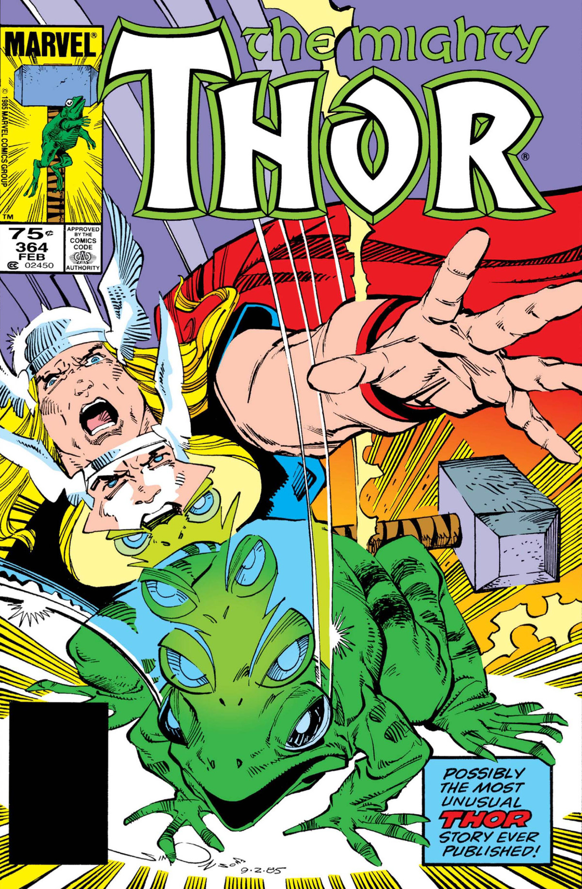 Thor lascia cadere il suo martello allarmato mentre si trasforma in una rana sulla copertina di Thor # 364, Marvel Comics (1986).