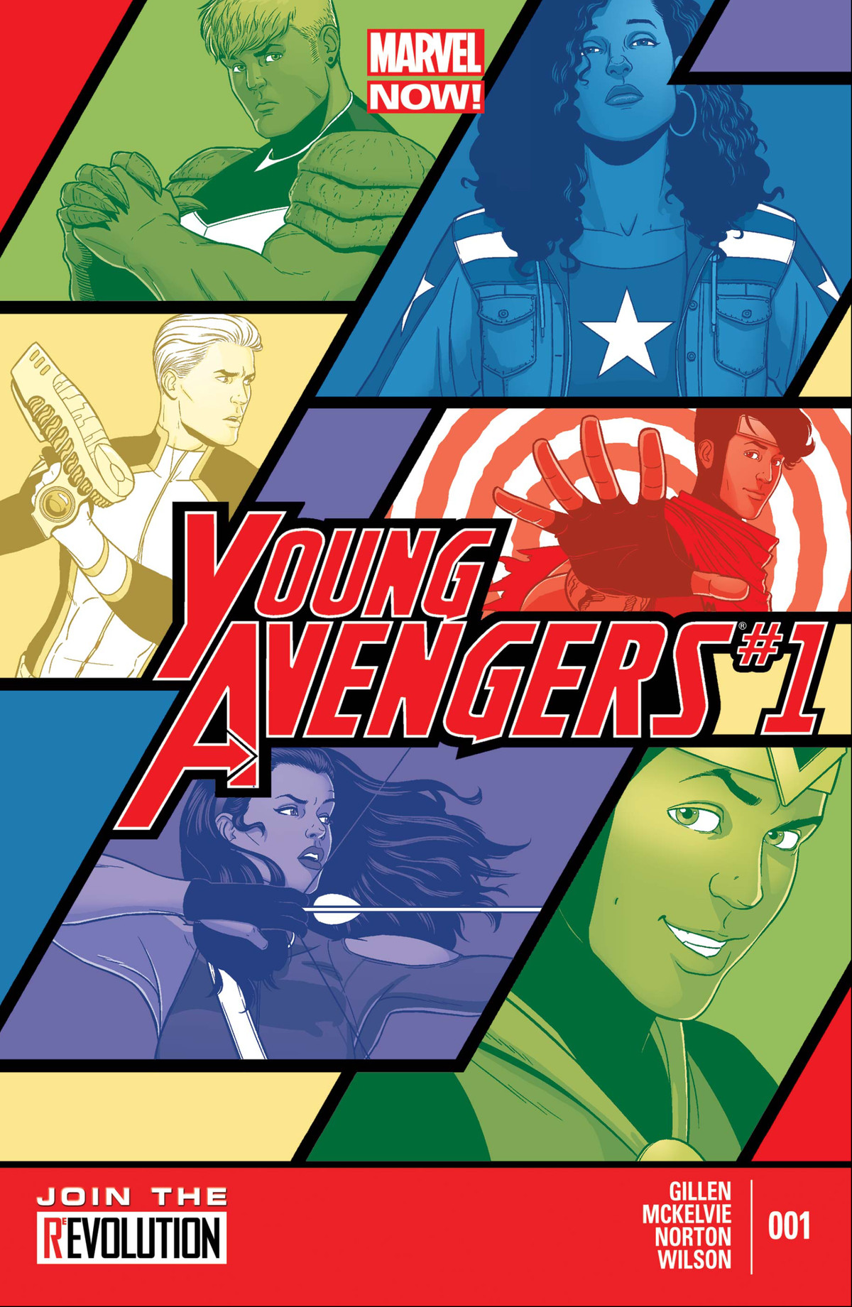 Hulkling, America Chavez, Marvel Boy, Wiccan, Kate Bishop e Kid Loki sulla copertina di Young Avengers # 1, Marvel Comics (2013).