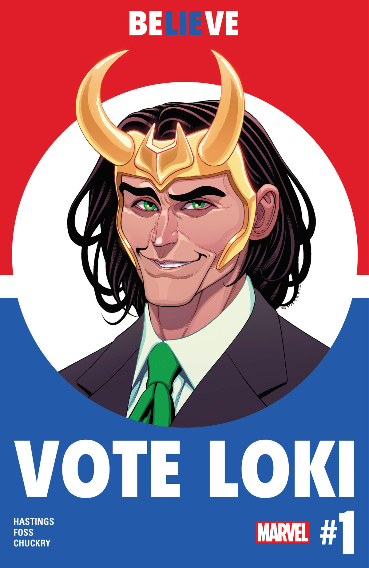Loki, che indossa la sua corona e un abito con una cravatta verde, sorride con astuzia allo spettatore su un poster della campagna rosso e blu che proclama VOTE LOKI, sulla copertina di Vote Loki, Marvel Comics (2016).