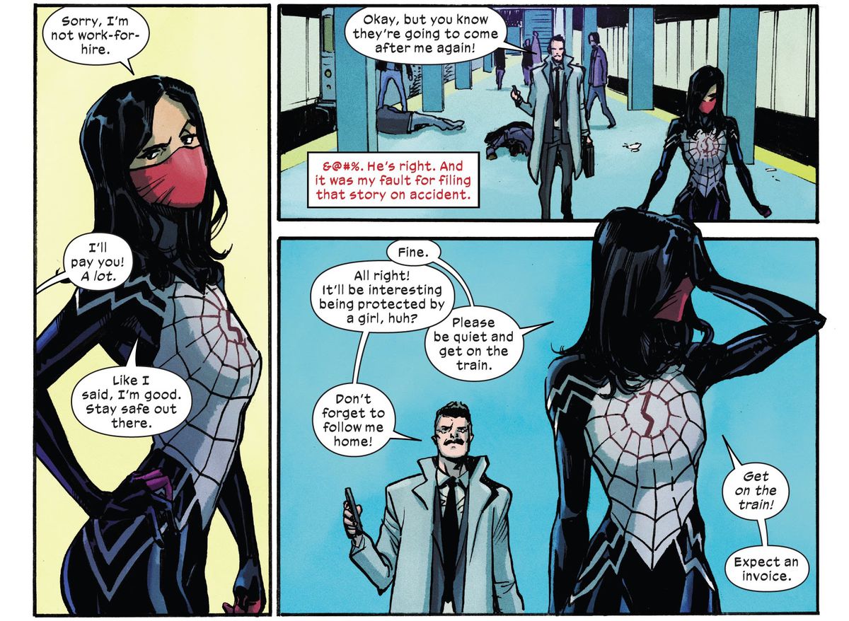 Su una banchina della metropolitana di New York, J. Jonah Jameson considera Silk come sua guardia del corpo per un po '. A malincuore è d'accordo in Silk # 1, Marvel Comics (2021).