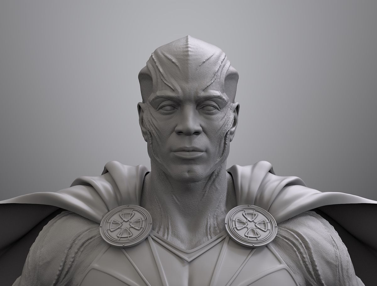 Rendering in bianco e nero frontale con design Martian Manhunter Justice League