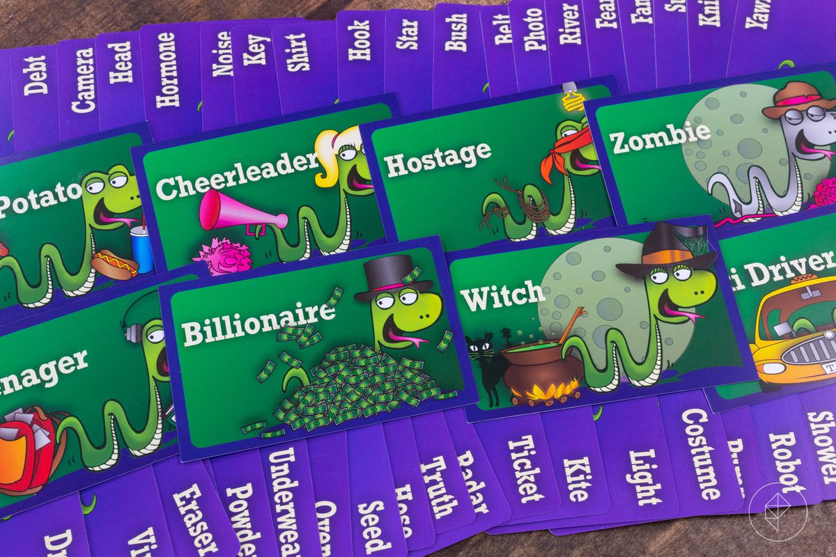 A selection of occupation and effects cards for the game Snake Oil. Occupations include Billionaire, Witch, and Hostage. Effects include Hook, Shirt, Key, Seed, Truth, Kite, Costume.