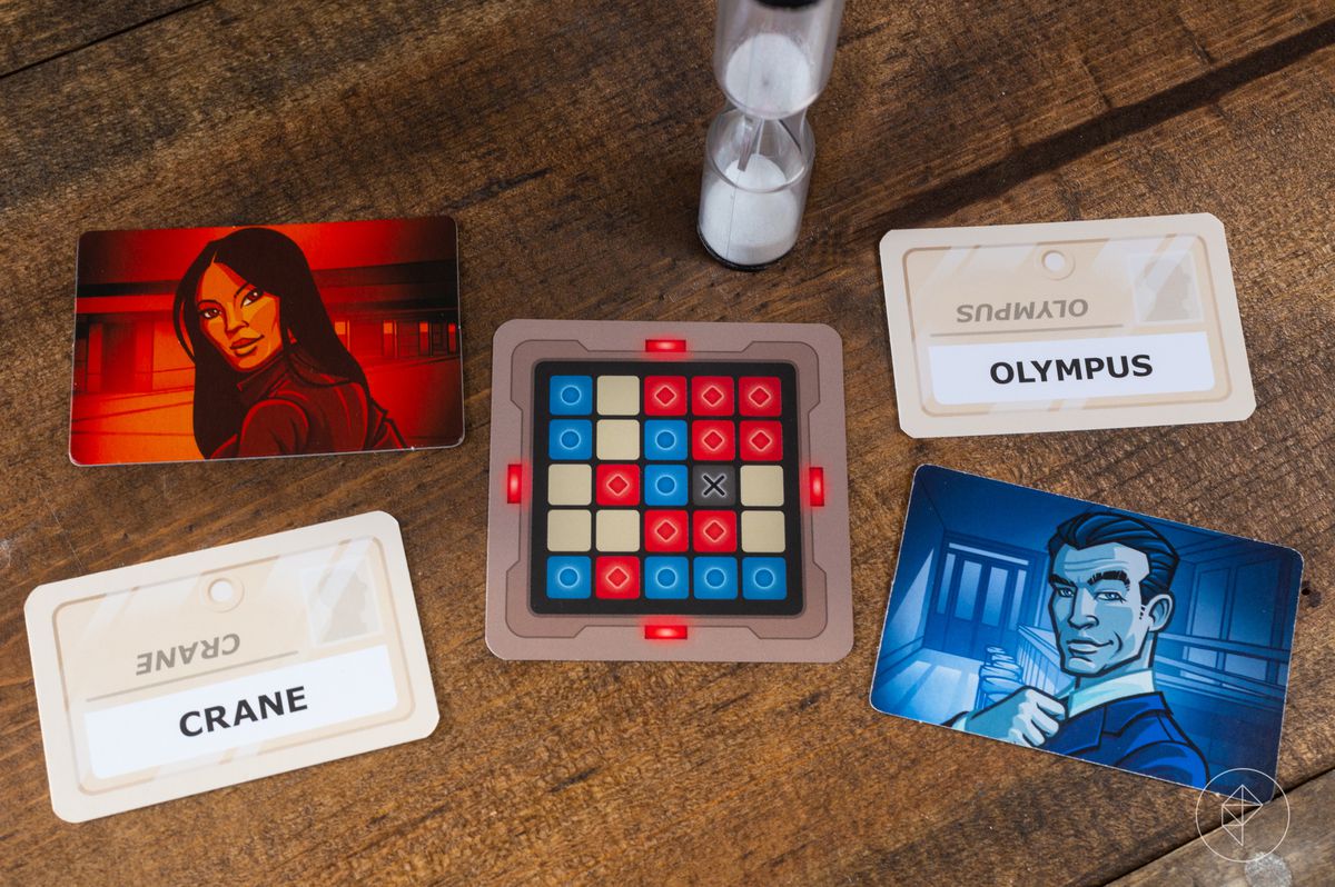 A blue secret agent named Olympus, and a red one named Crane. In the middle, a key card and a timer.