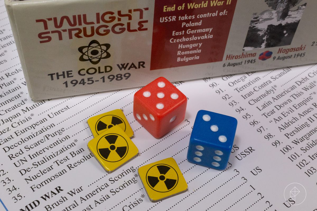 Defcon chits and a pair of dice on top of the list of cards in Twilight Struggle.