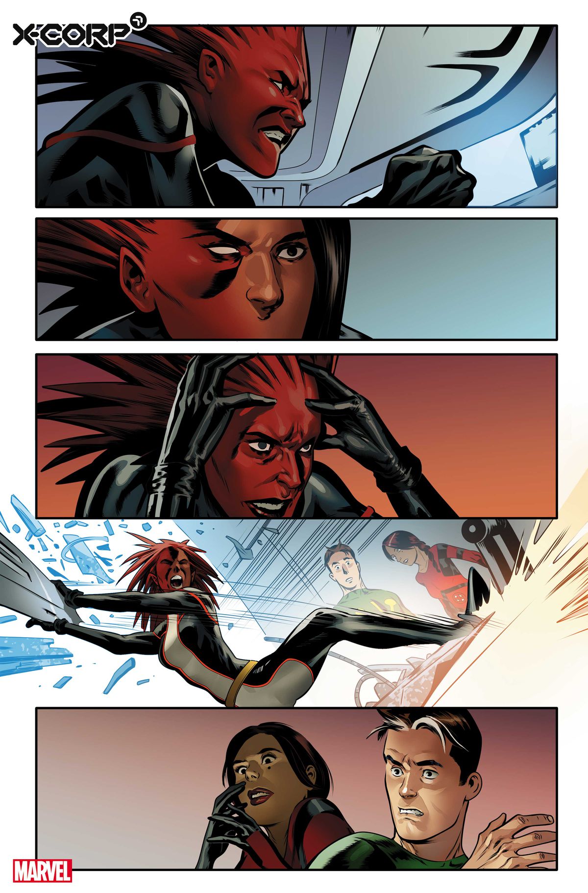 Monet St.Croix distrugge un computer di fronte a Trinary e Multiple Man nella grafica in anteprima per X-Corp # 1, Marvel Comics (2021)