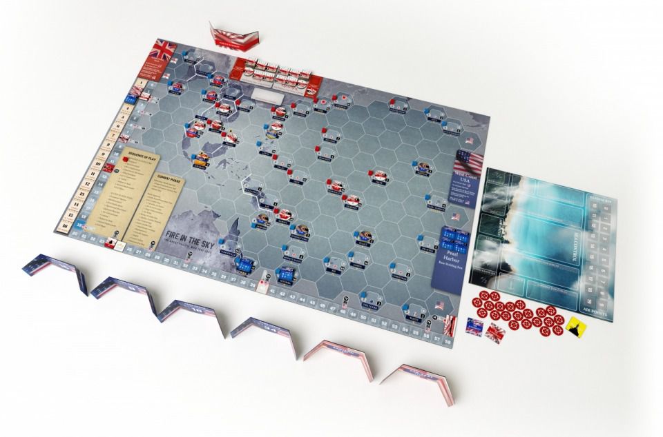 the components of Fire in the Sky set out for play. There’s a sideboard for amphibious landings.