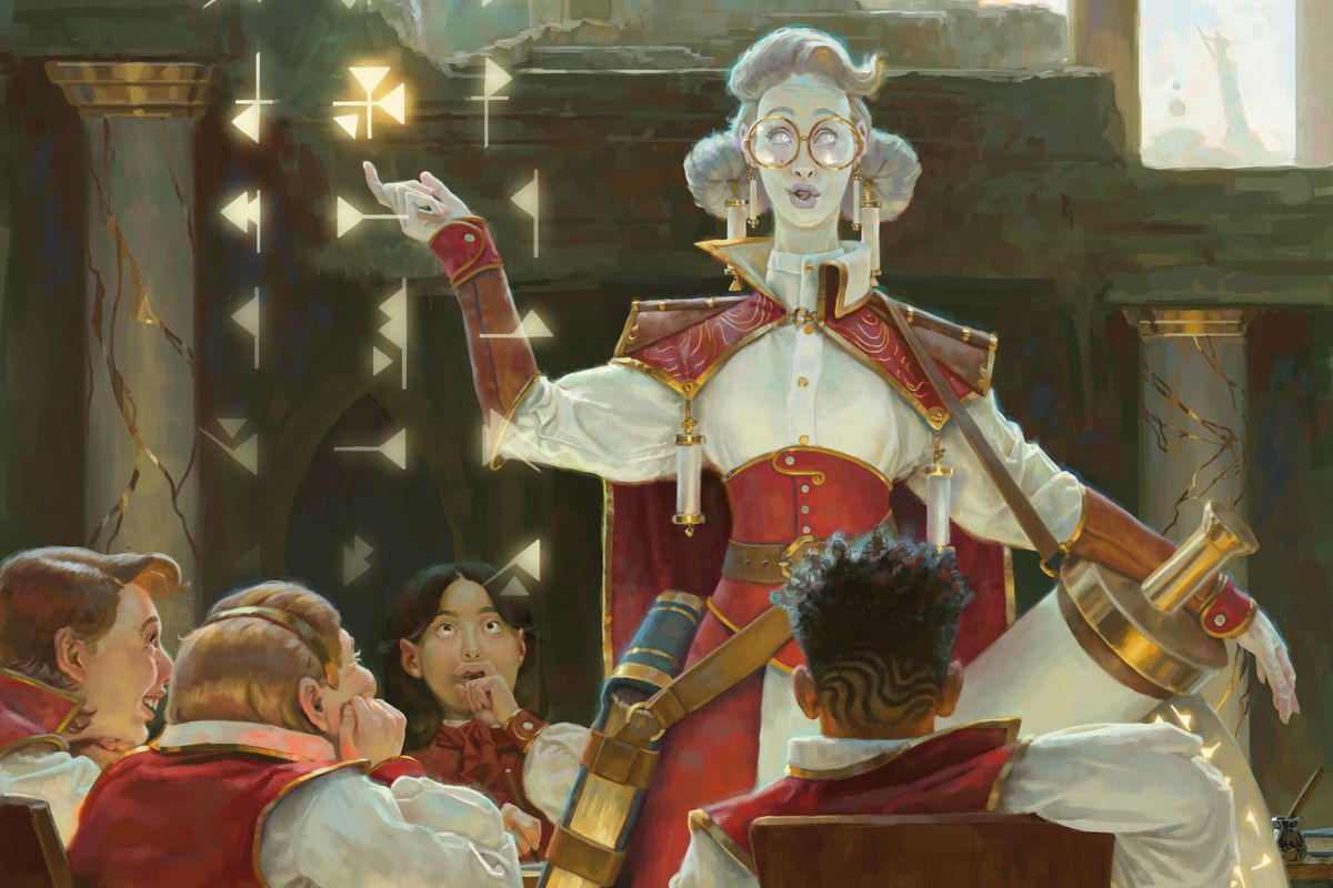 Cart art for Professor of Symbology shows several students sitting in front of a pale, bookish professor holding a large scroll.