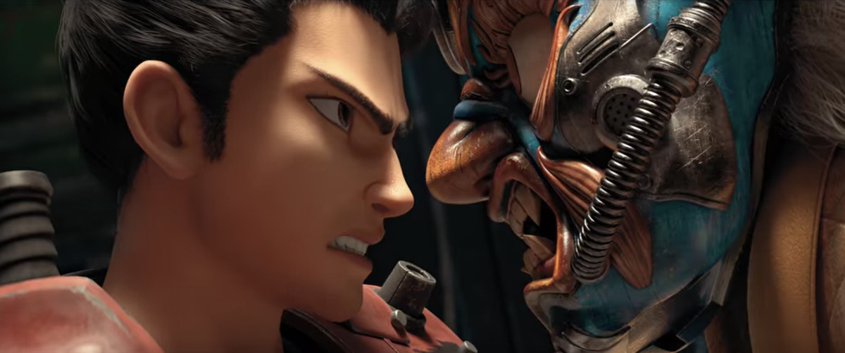 Li Yunxiang viene spinto contro un muro da una figura con una maschera ringhiante e mostruosa