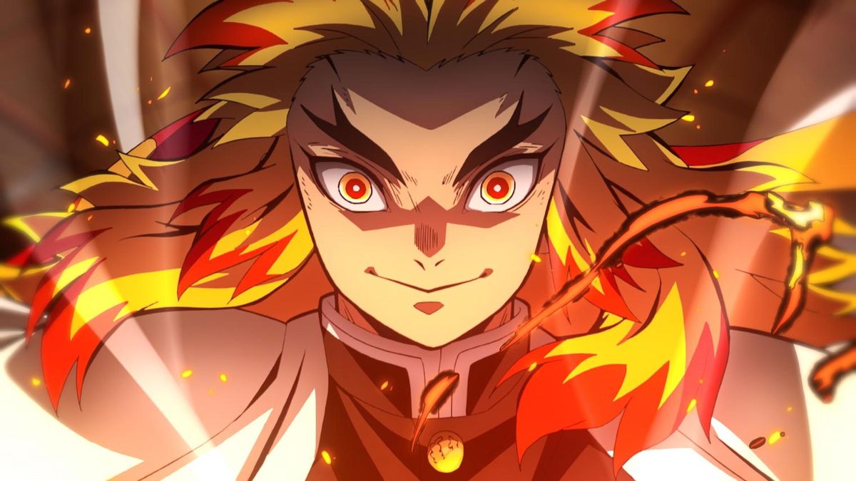 The Flame Hashira Kyojuro Rengoku in Demon Slayer: Kimetsu no Yaiba the Movie: Mugen Train