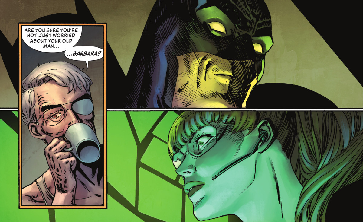 James Gordon rivela di sapere già che Batgirl / Oracle è sua figlia, Barbara Gordon, con sorpresa di Oracle e Batman in The Joker # 2, DC Comics (2021).
