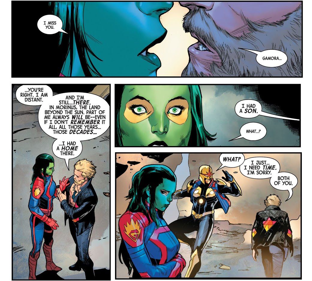 Peter Quill dice sia a Gamora che a Richard Rider / Nova che non è pronto per una relazione ora, con nessuno dei due, in Guardians of the Galaxy # 13, Marvel Comics (2021).