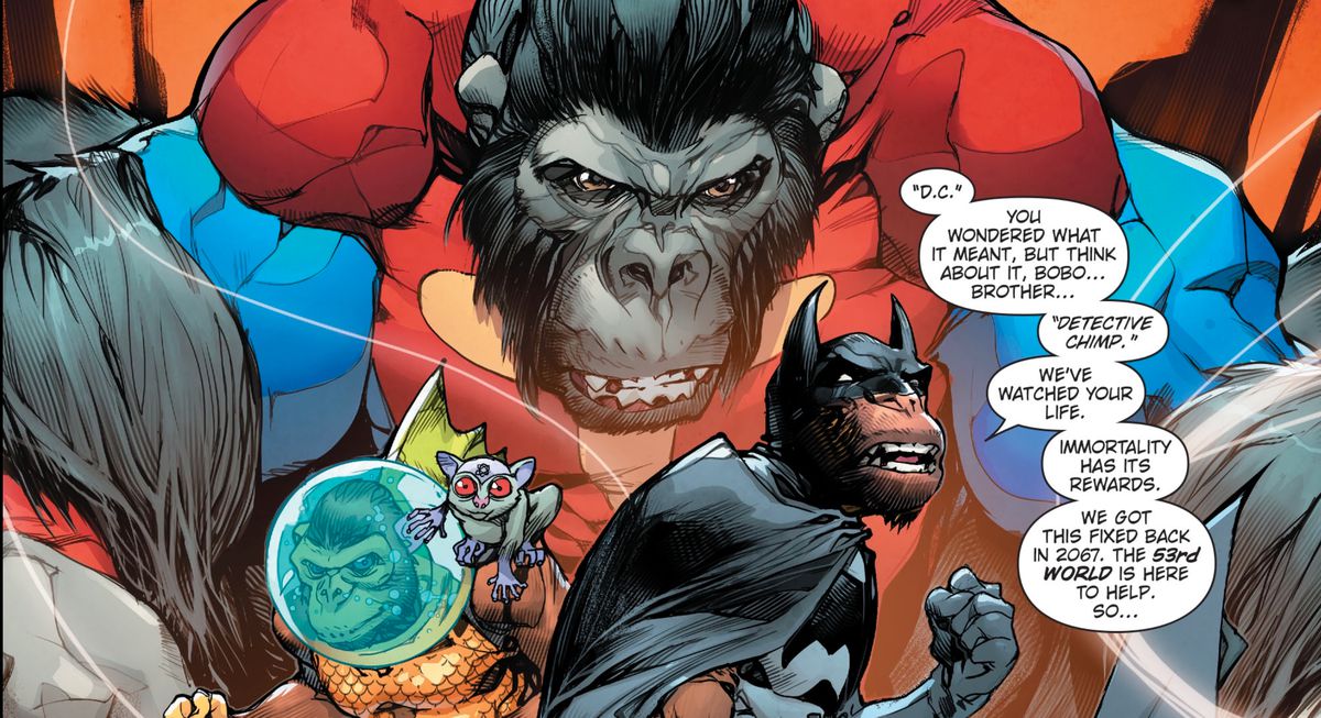 Ape versions of Batman, Aquaman, Superman, and the Atom, in Dark Knights Rising: The Wild Hunt #1, DC Comics (20tk).
