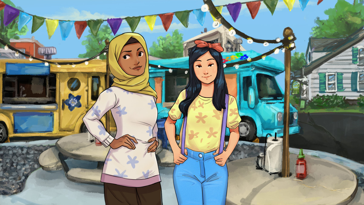 Two people standing next to each other in front of a food truck