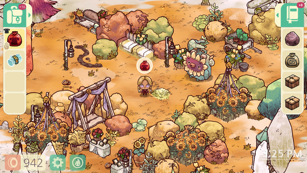 A Cozy Grove character with big eyes standing in a field of flowers