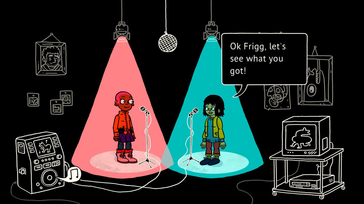 Two people standing on stage about to do karaoke in Welcome to Elk