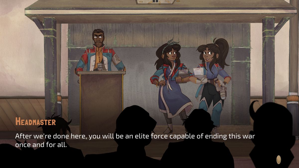 A headmaster saying: “After we’re done here, you will be an elite force capable of ending this war once and for all,” in Code Romantic