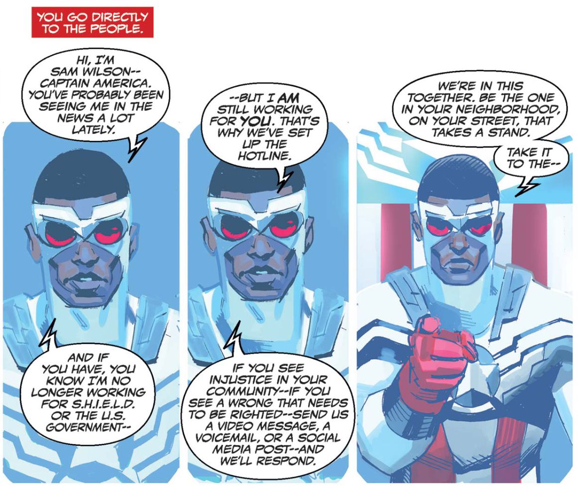 Sam Wilson dice alla gente che ora è Captain America nei Marvel Comics e che non lavora per SHIELD o per il governo degli Stati Uniti, in Captain America: Sam Wilson # 1, Marvel Comics (2015).