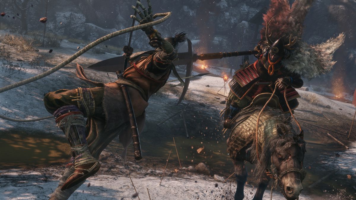 Sekiro battles a samurai on horseback in a screenshot from Sekiro: Shadows Die Twice.