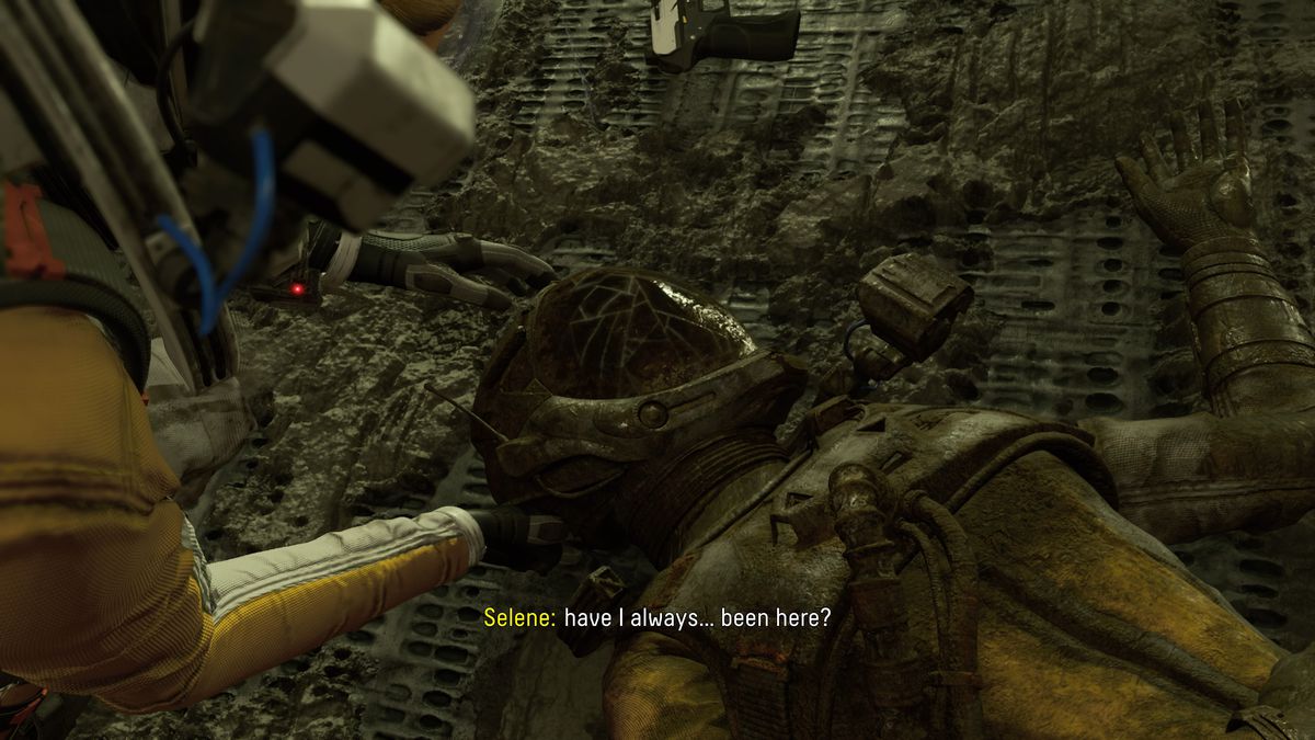 Selene si imbatte nel suo cadavere di un precedente loop temporale in Returnal
